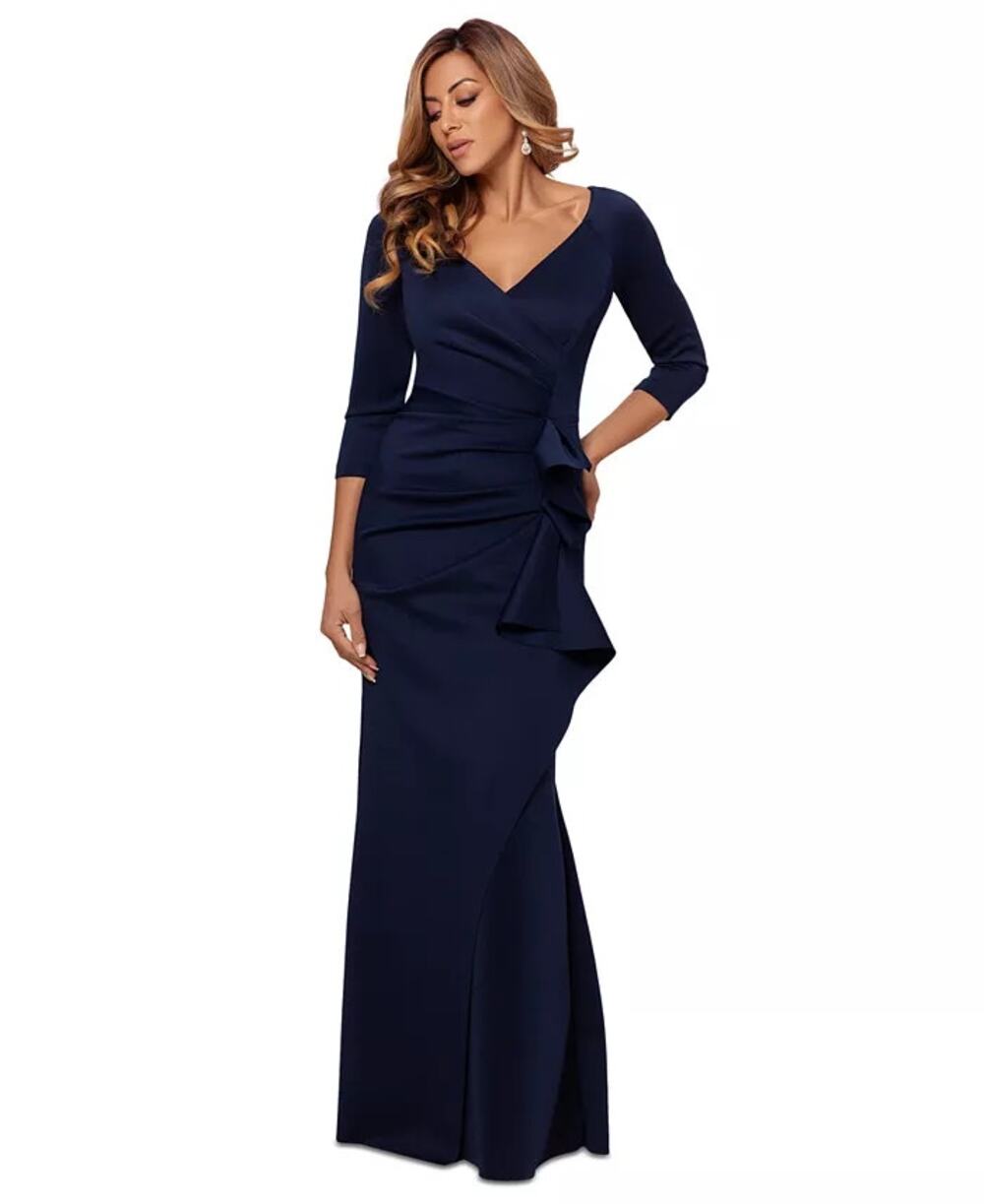 XSCAPE Pleated Ruffled Scuba Gown Midnight Blue 4